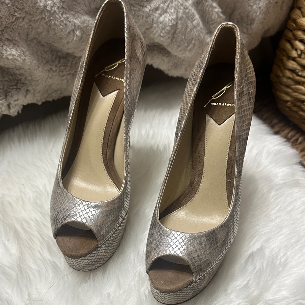 Brian Atwood Snakeskin Peep-Toe Heels